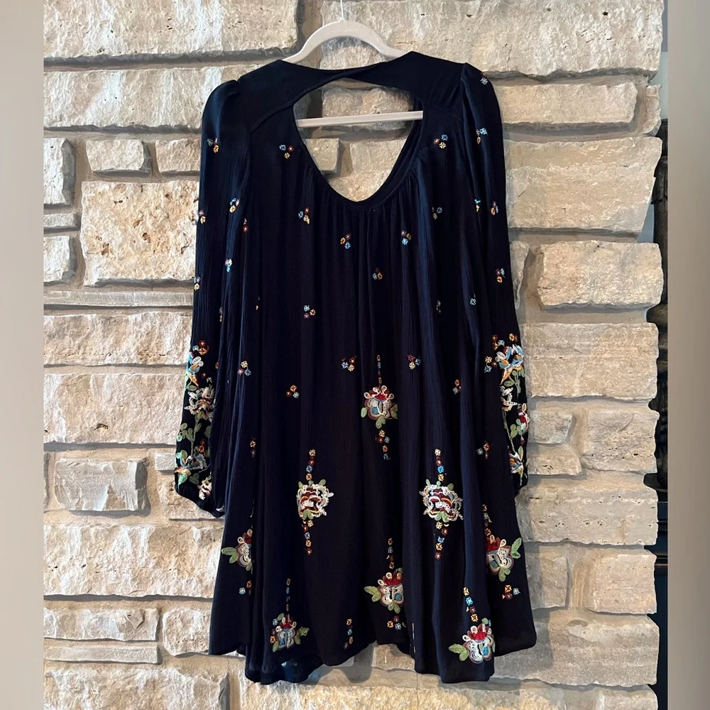 Free People Oxford Embroidered BoHo Mini Dress in Black - XS